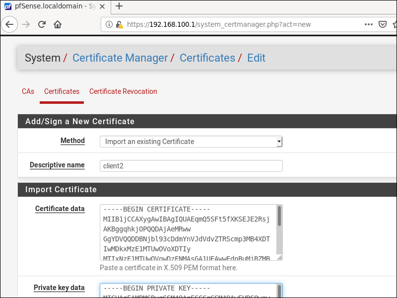 Creating new certificate in pfSense