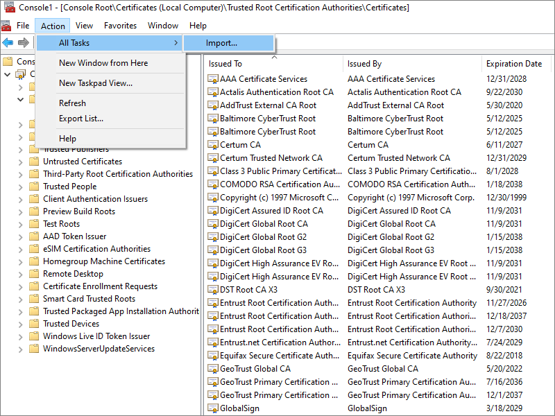 Microsoft Management Console import CA certificate
