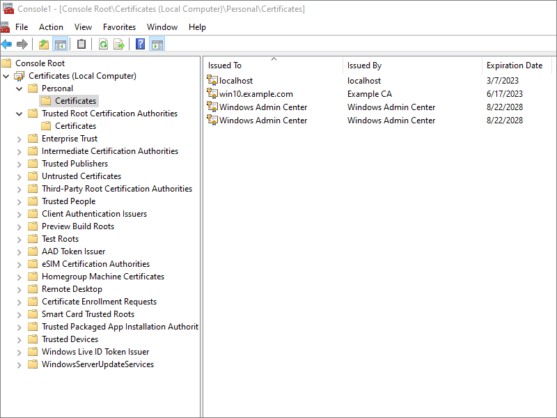 Microsoft Management Console after importing P12 file