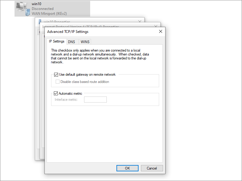 Use default gateway on remote network on Windows 10