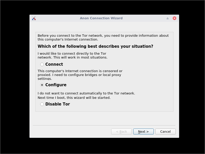 Anon Connection Wizard with Configure selected