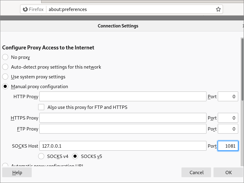 Firefox configured to use proxy on port 1081