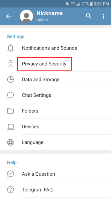 Telegram Messenger Privacy and Security settings