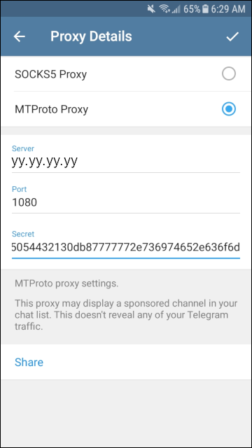 Telegram Messenger Proxy details