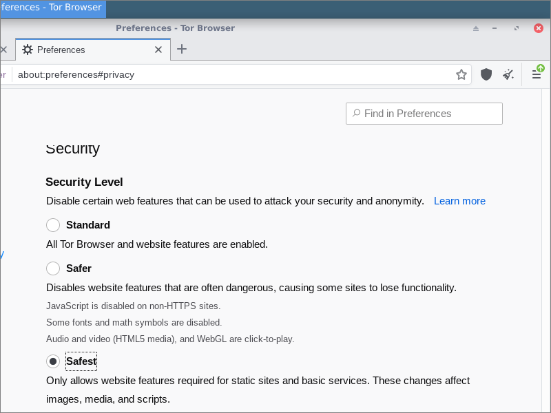 Tor Browser with security level set to safest